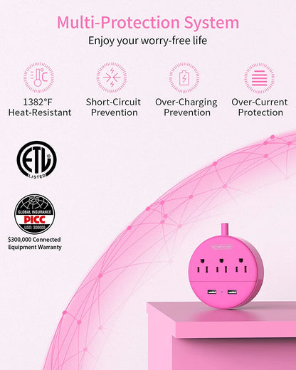 Pink Extension Cord 10 Ft,  Long Cord Power Strip Flat Plug, 3 Outlets 2 USB Desktop Charging Station Wall Mount, Compact for Home, Dorm Room, Office and Cruise Ship Nightstand