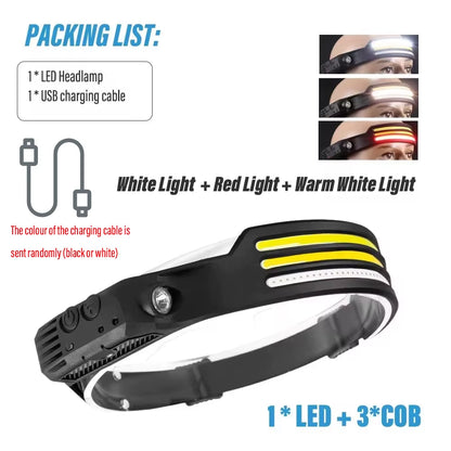 Induction Headlamp COB LED Sensor Head Lamp Built-In Battery Flashlight USB Rechargeable Head Torch 5 Lighting Modes Headlight