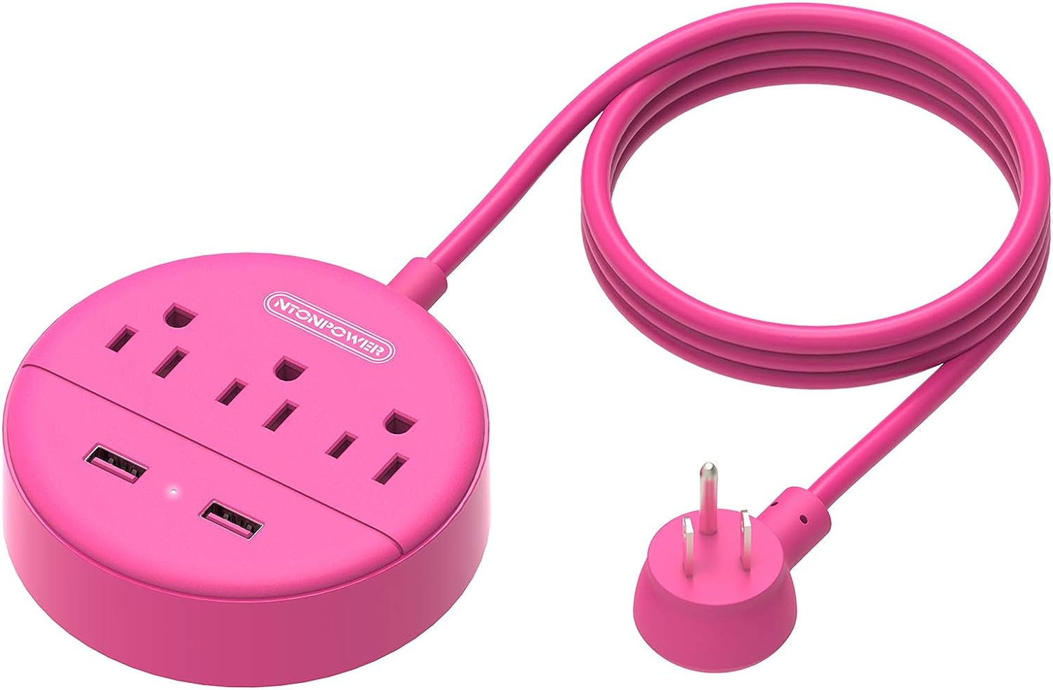 Pink Extension Cord 10 Ft,  Long Cord Power Strip Flat Plug, 3 Outlets 2 USB Desktop Charging Station Wall Mount, Compact for Home, Dorm Room, Office and Cruise Ship Nightstand