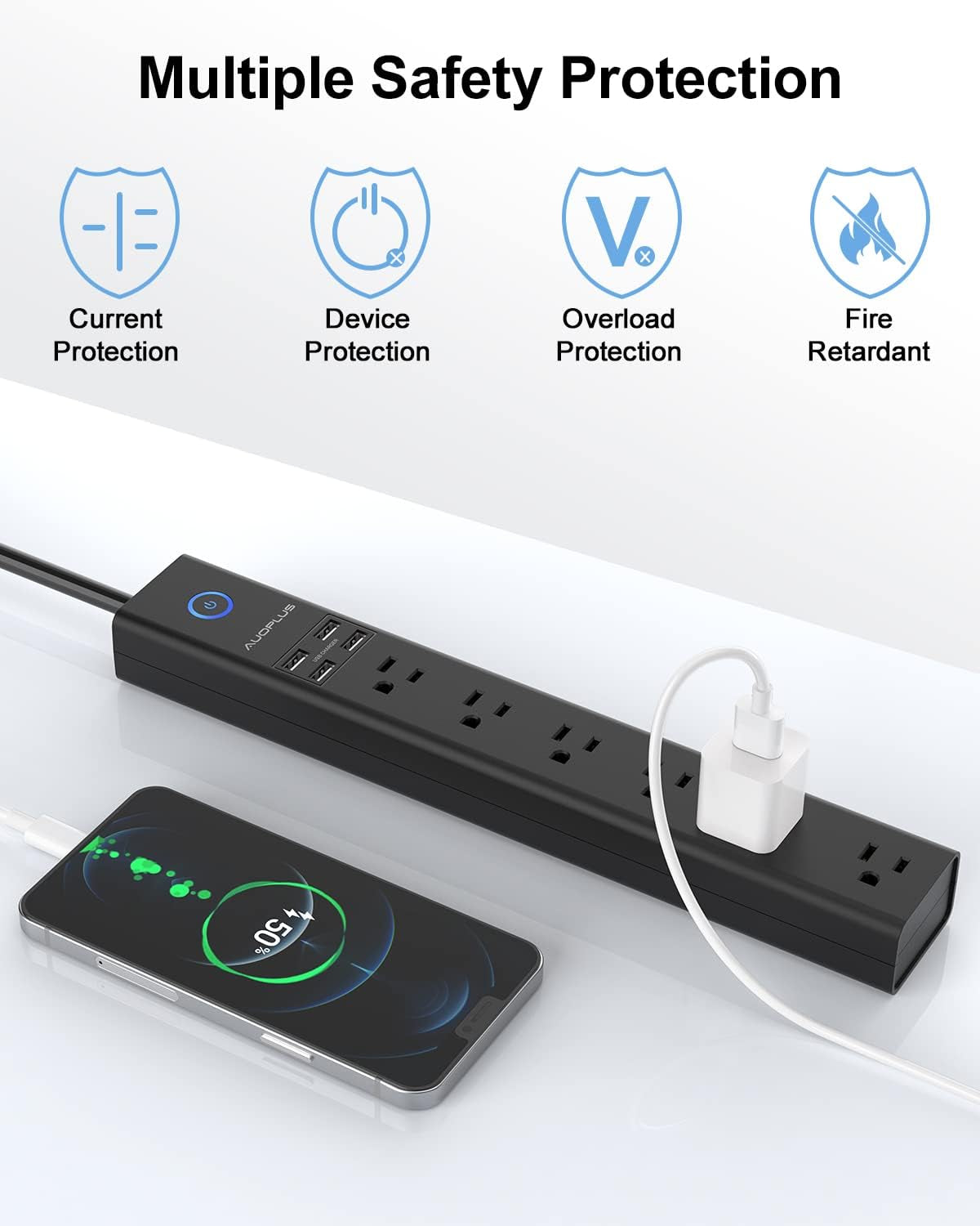 Surge Protector Power Strip with USB,  10FT Outlet Strip, 6 Outlet and 4 USB Charger,[Flat Plug/Wall Mountable], 1250W/10A/2100J, Long Extension Cord for Computer Iphone Home Office Dorm