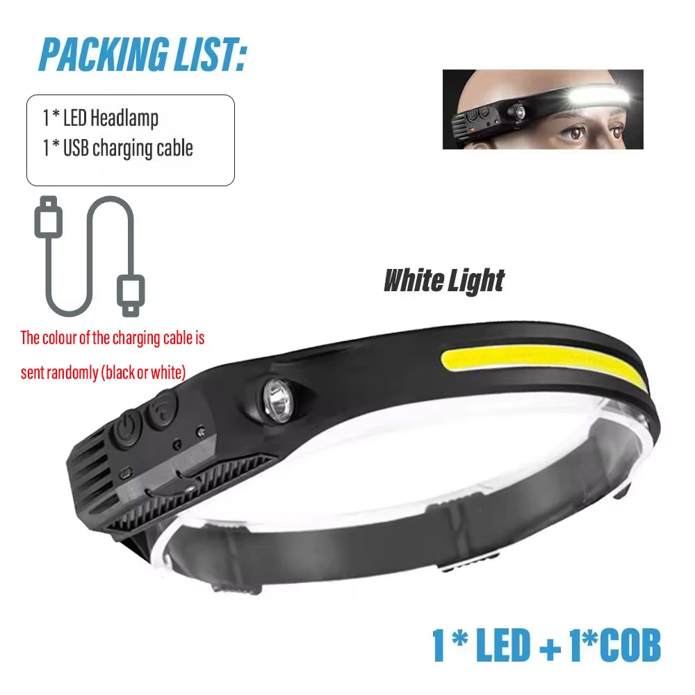 Induction Headlamp COB LED Sensor Head Lamp Built-In Battery Flashlight USB Rechargeable Head Torch 5 Lighting Modes Headlight