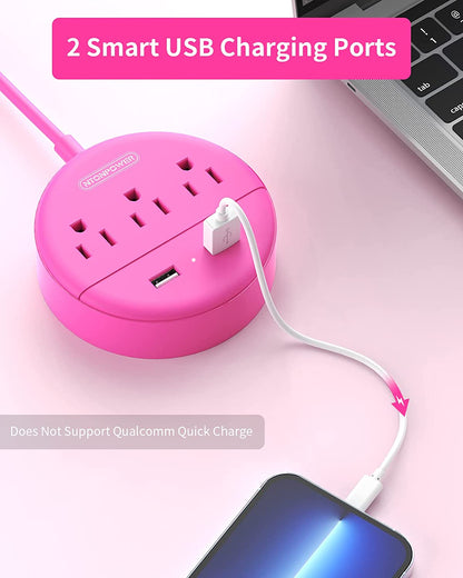 Pink Extension Cord 10 Ft,  Long Cord Power Strip Flat Plug, 3 Outlets 2 USB Desktop Charging Station Wall Mount, Compact for Home, Dorm Room, Office and Cruise Ship Nightstand